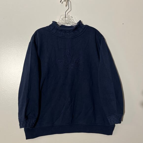 Vintage 90s Hunt Club Navy Blue Mock Neck Embroidered Pullover Sweater Womans L - Picture 1 of 8